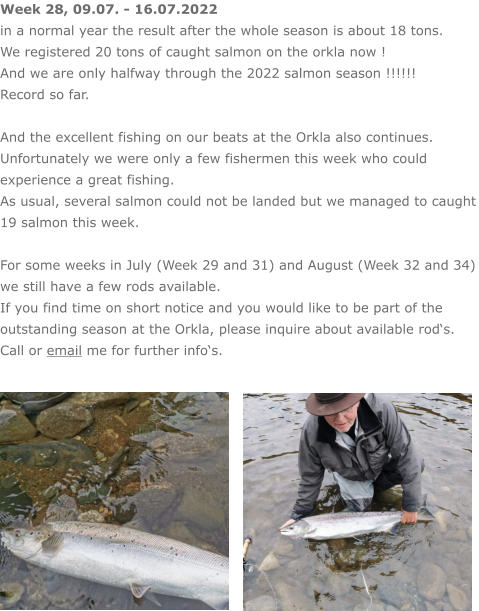Week 28, 09.07. - 16.07.2022 in a normal year the result after the whole season is about 18 tons. We registered 20 tons of caught salmon on the orkla now ! And we are only halfway through the 2022 salmon season !!!!!! Record so far.  And the excellent fishing on our beats at the Orkla also continues. Unfortunately we were only a few fishermen this week who could experience a great fishing.  As usual, several salmon could not be landed but we managed to caught 19 salmon this week.  For some weeks in July (Week 29 and 31) and August (Week 32 and 34) we still have a few rods available.  If you find time on short notice and you would like to be part of the outstanding season at the Orkla, please inquire about available rod‘s. Call or email me for further info‘s.