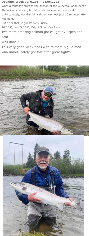 Opening, Week 22, 01.06. - 04.06.2022 What a fantastic start to the season at the Aunemo Lodge beat‘s. The orkla is flooded, but all stretches can be fished well. Unfortunately, our first big salmon was lost just 10 minutes after midnight. But after that, 2 guests were lucky. 10.00 Kg and 9.00 Kg Bright Silver Cracker's. Two more amazing salmon got caught by Espen and Arnt. Well done ! This very good week ends with to more big Salmon who unfortunately got lost after great fight‘s.